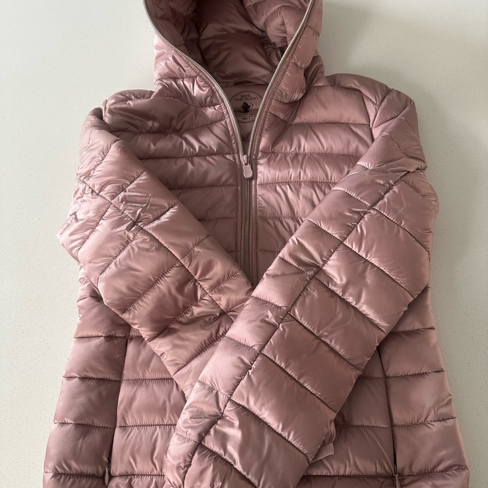 SAVE THE DUCK Pink Quilted Puffer Jacket with Hood and High Collar